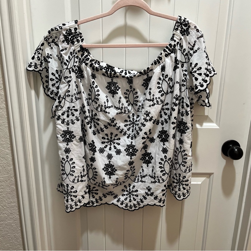 White and Black Floral Eyelet Off the Shoulder Blouse - 1X